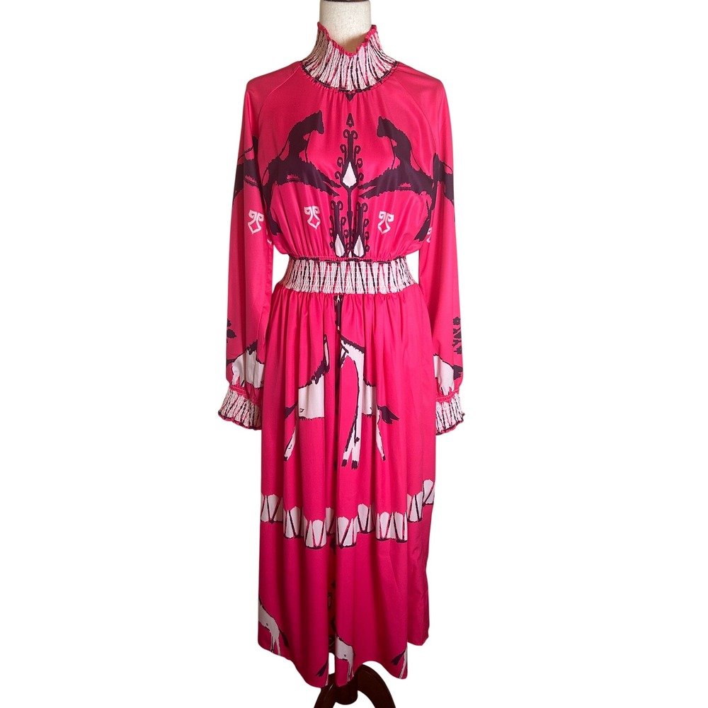 Sunday Up Dress Women Large Pink Equestrian Horse Print Smocked Mock Neck Maxi